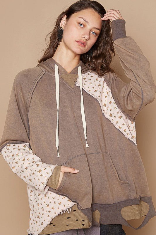 POL - Floral Patchwork Distressed Hoodie in Mocha