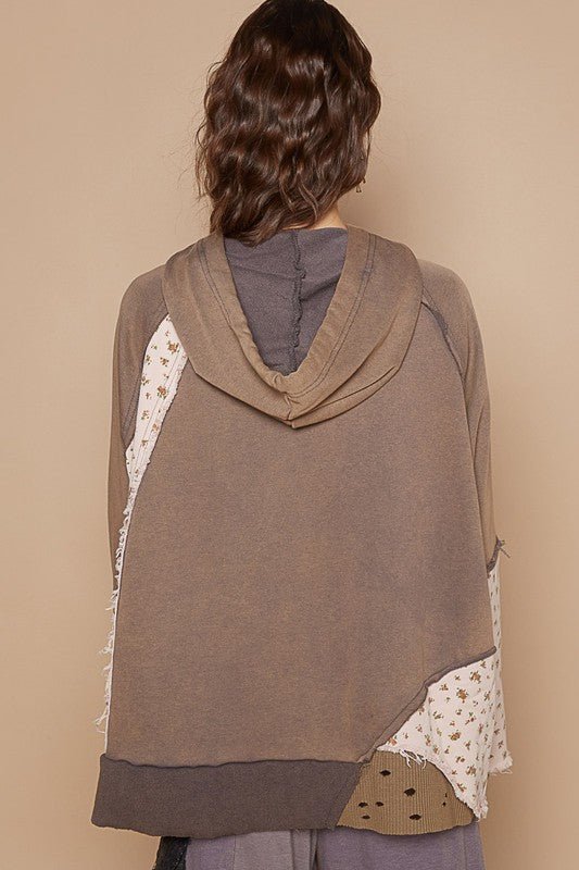 POL - Floral Patchwork Distressed Hoodie in Mocha