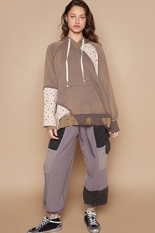 POL - Floral Patchwork Distressed Hoodie in Mocha