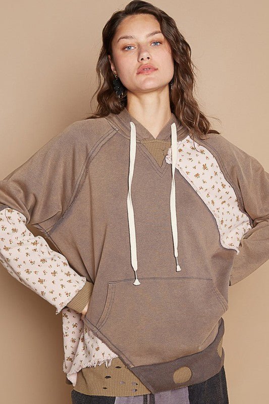 POL - Floral Patchwork Distressed Hoodie in Mocha