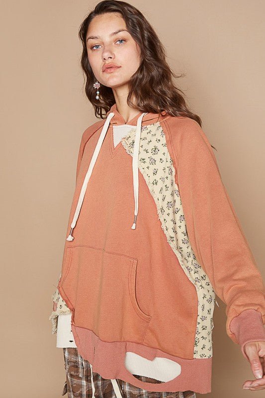 POL - Floral Patchwork Distressed Hoodie in Ochre