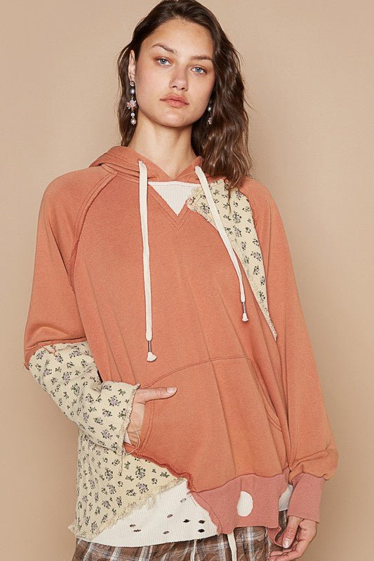 POL - Floral Patchwork Distressed Hoodie in Ochre