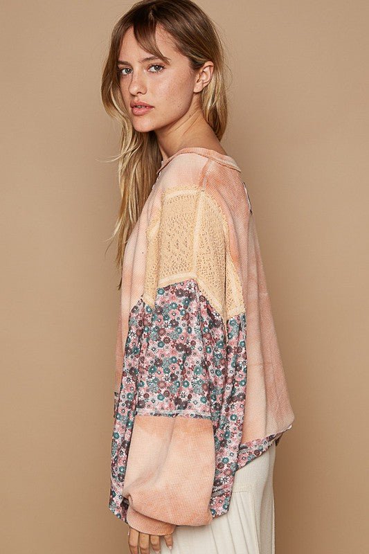 POL - Floral Patchwork Knit Top in Sherbet