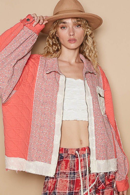 POL - Floral Patchwork Zip Up Jacket in Coral