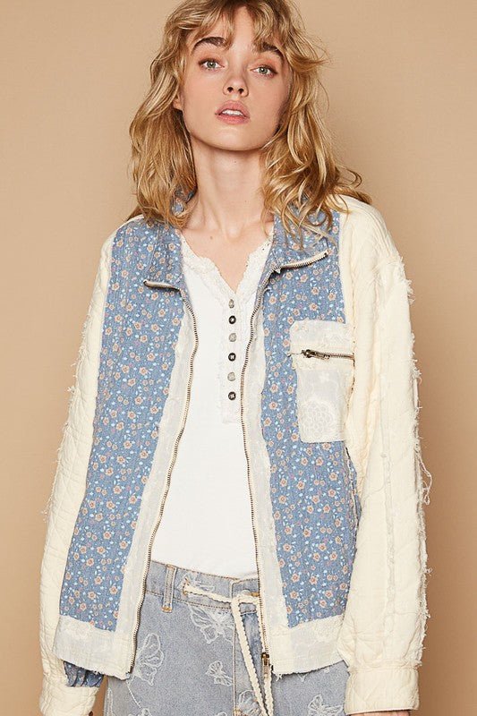 POL - Floral Patchwork Zip Up Jacket in Cream