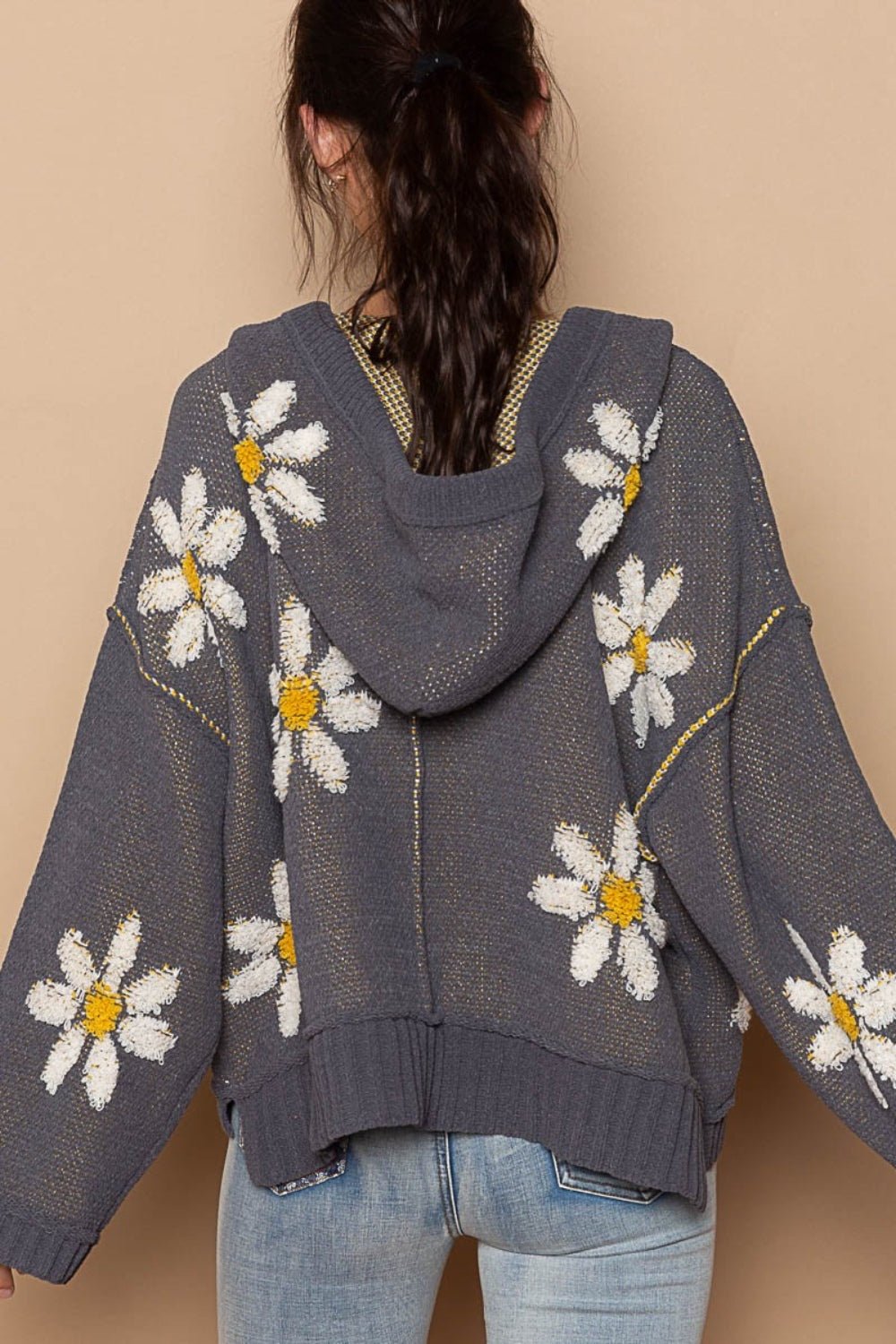 POL - Floral Pattern Hooded High - Low Hem Sweater in Charcoal