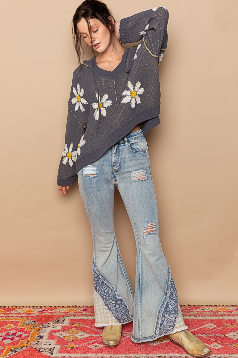 POL - Floral Pattern Hooded High - Low Hem Sweater in Charcoal