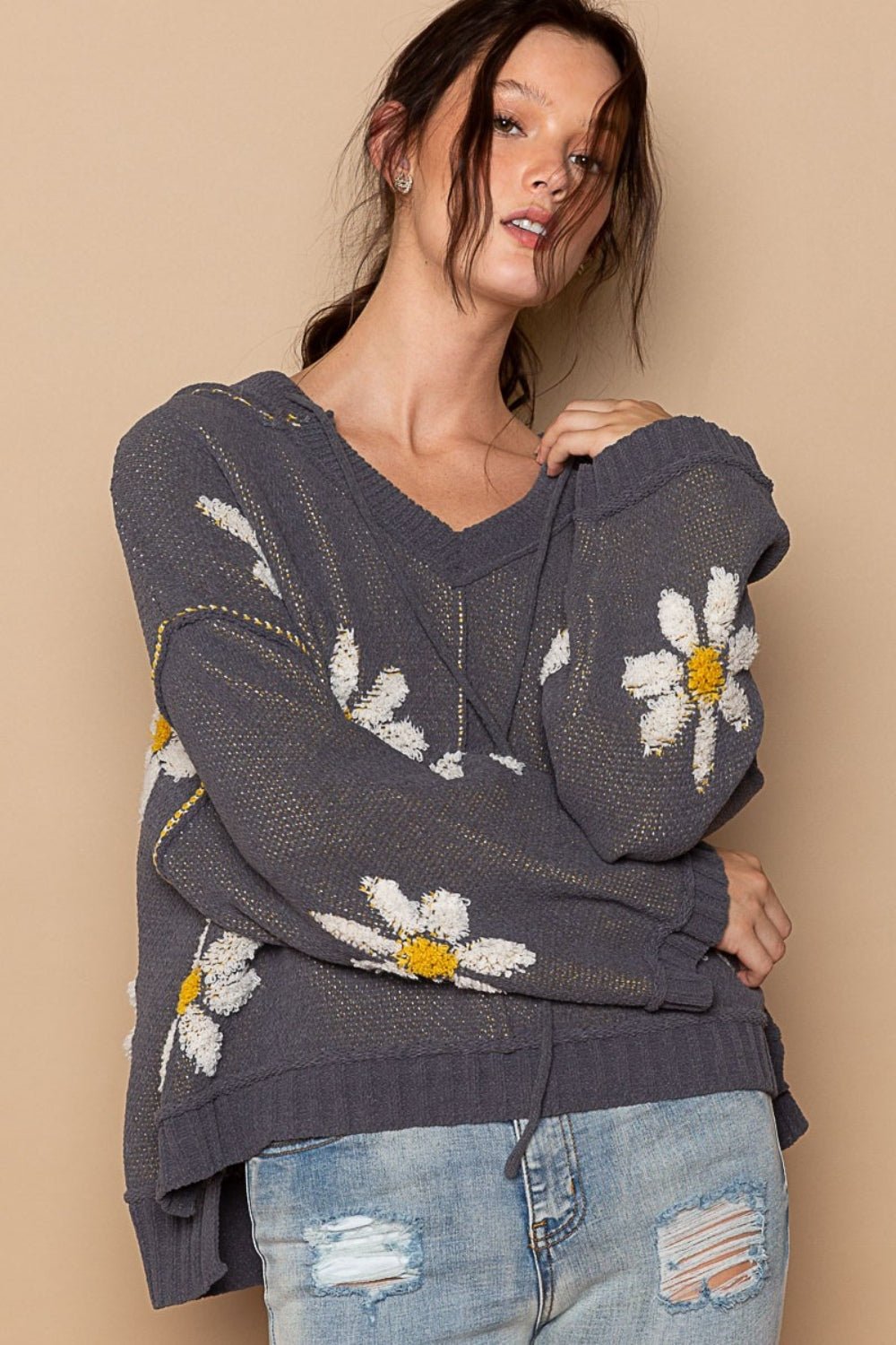 POL - Floral Pattern Hooded High - Low Hem Sweater in Charcoal