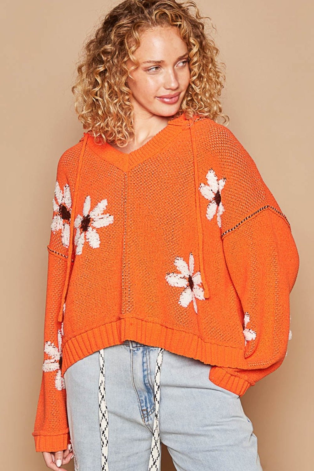 POL - Floral Pattern Hooded High - Low Hem Sweater in Orange