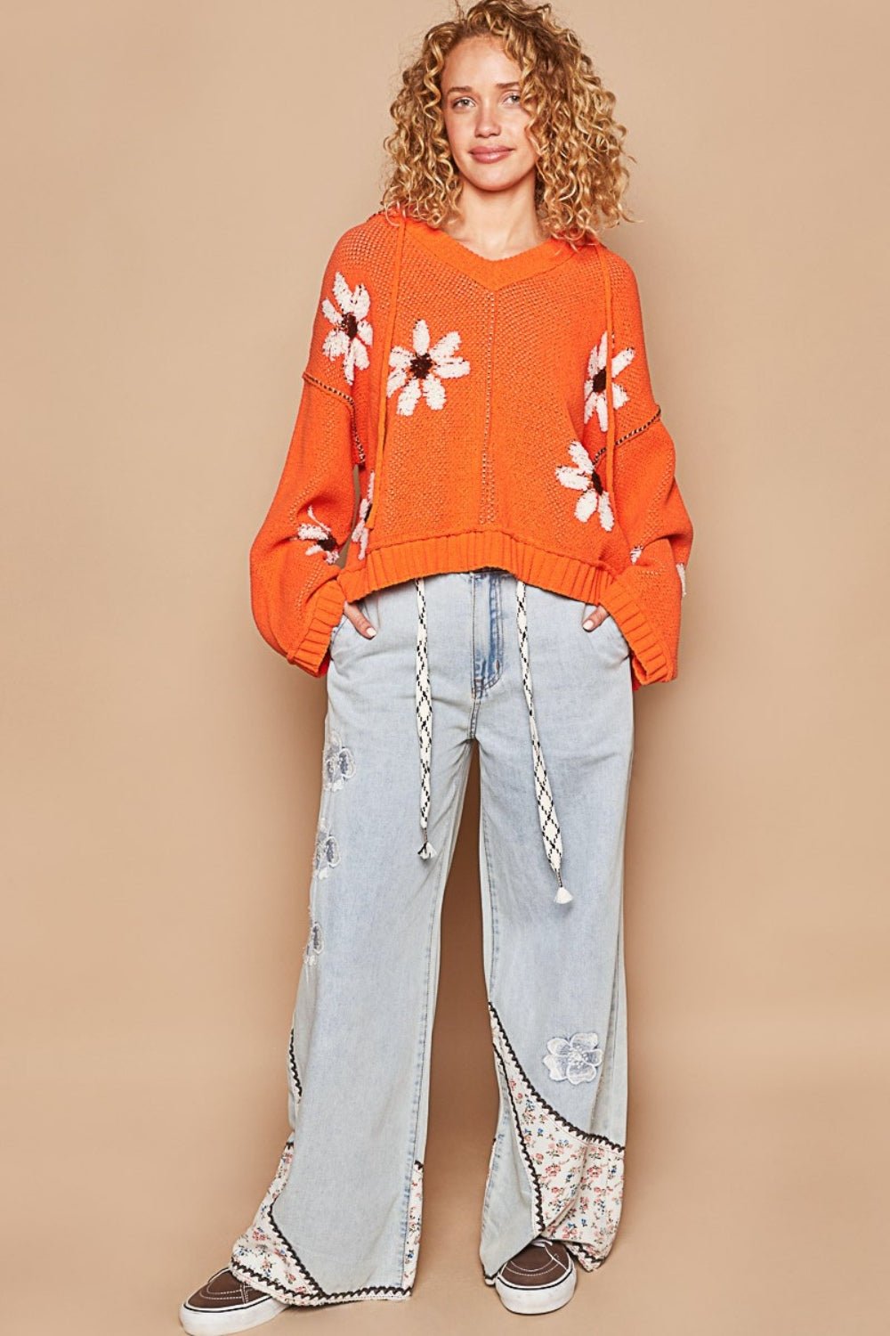 POL - Floral Pattern Hooded High - Low Hem Sweater in Orange