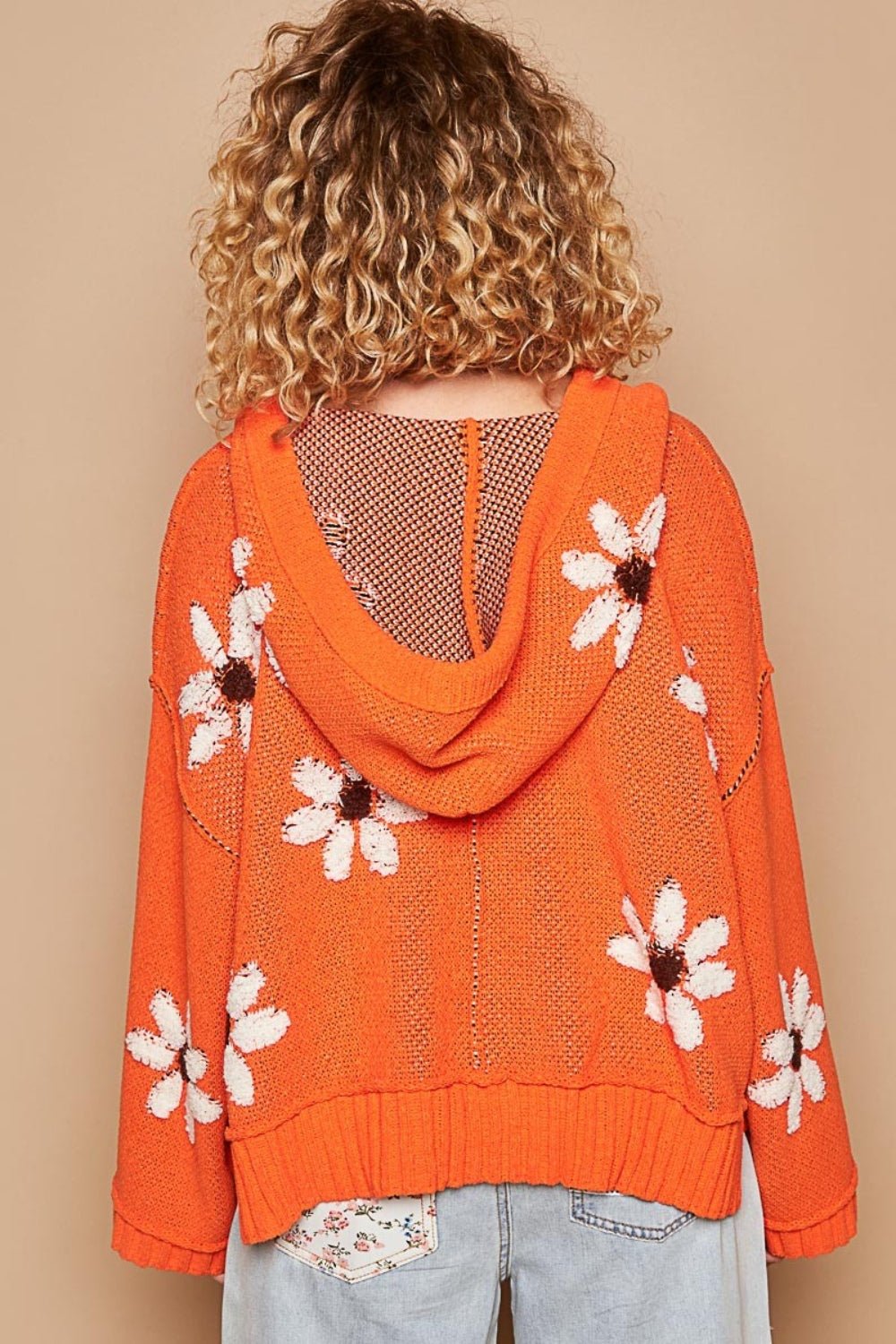 POL - Floral Pattern Hooded High - Low Hem Sweater in Orange