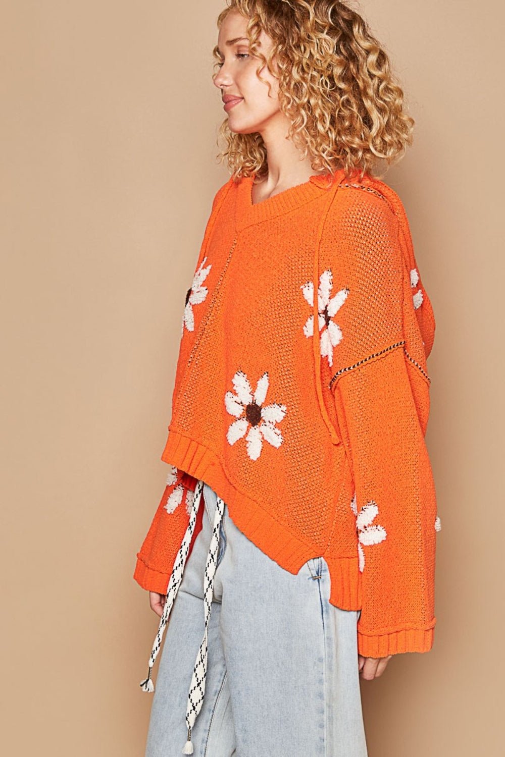 POL - Floral Pattern Hooded High - Low Hem Sweater in Orange