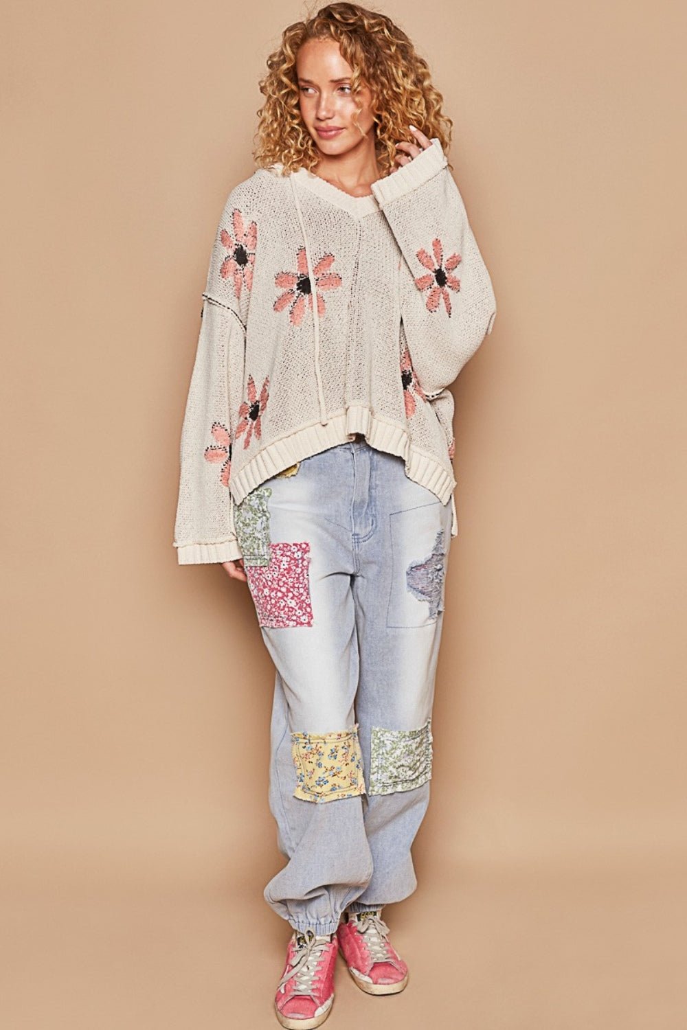 POL - Floral Pattern Hooded High - Low Hem Sweater in Pale Almond