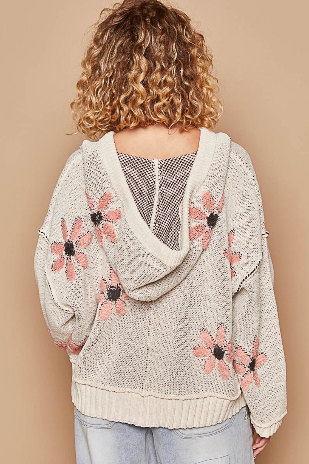 POL - Floral Pattern Hooded High - Low Hem Sweater in Pale Almond