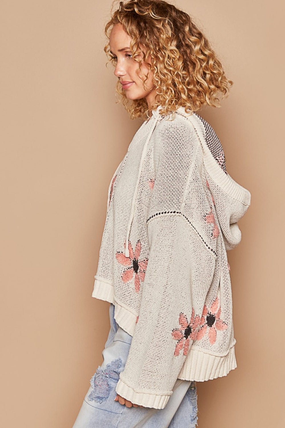 POL - Floral Pattern Hooded High - Low Hem Sweater in Pale Almond