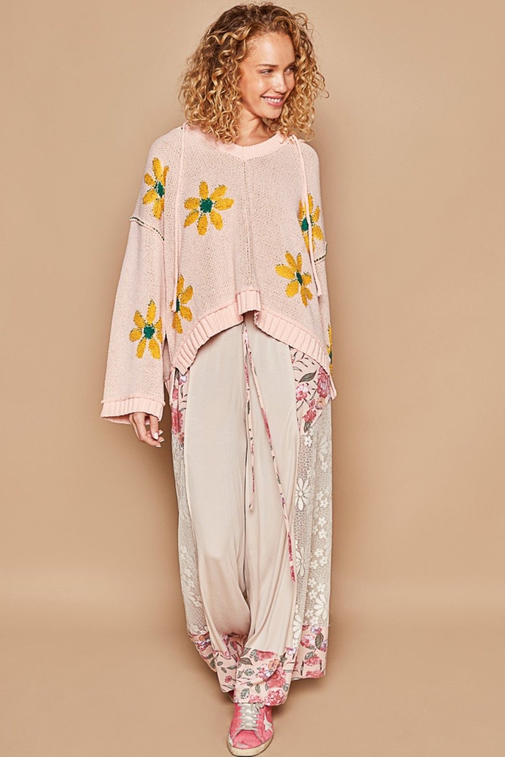 POL - Floral Pattern Hooded High - Low Hem Sweater in Pink