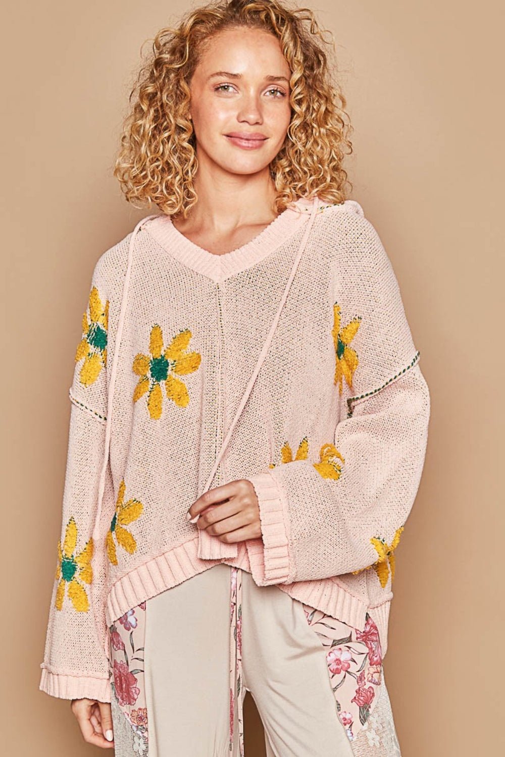 POL - Floral Pattern Hooded High - Low Hem Sweater in Pink