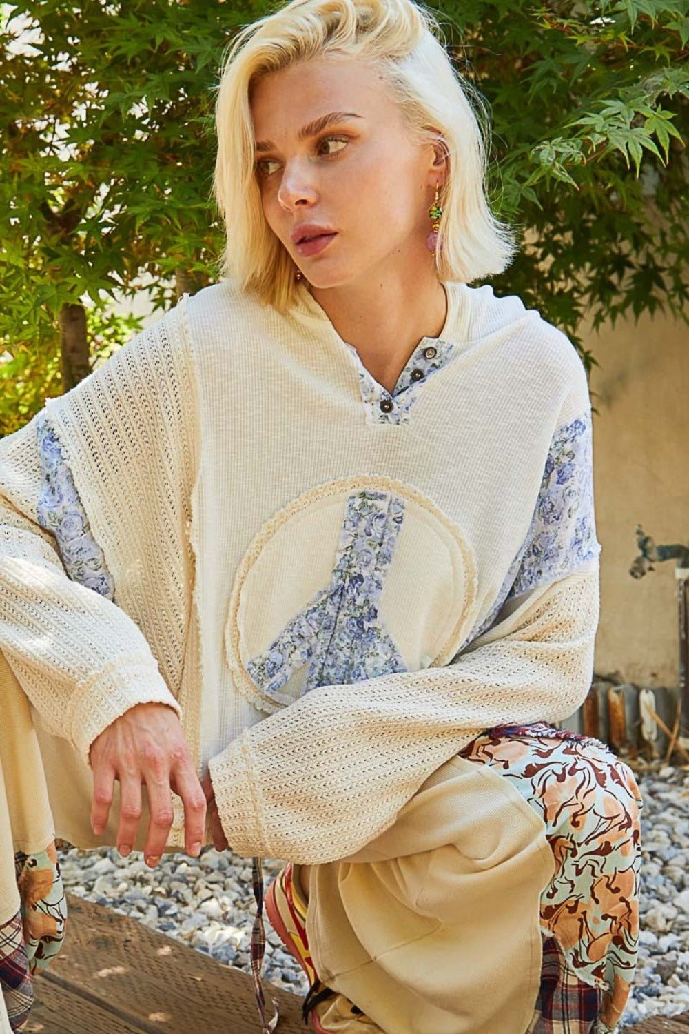 POL - Floral Peace Patch Rib Knit Hoodie in Ivory