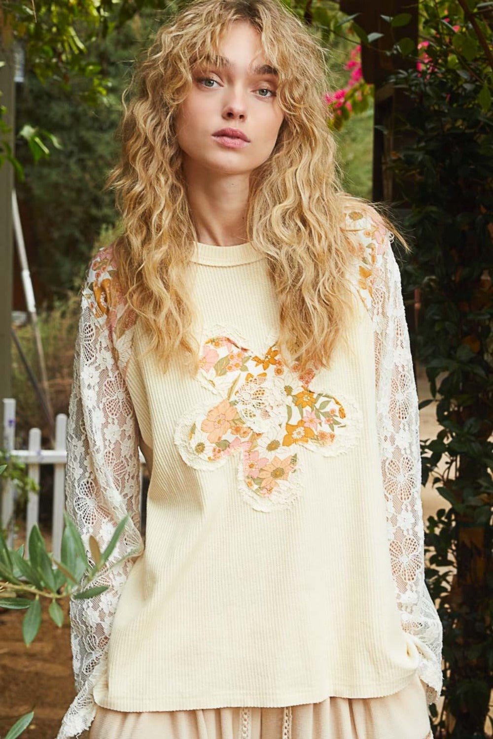 POL - Flower Patch Lace Sleeve Knit Top in Cream