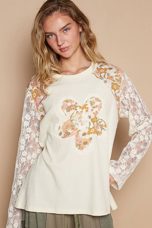 POL - Flower Patch Lace Sleeve Knit Top in Cream