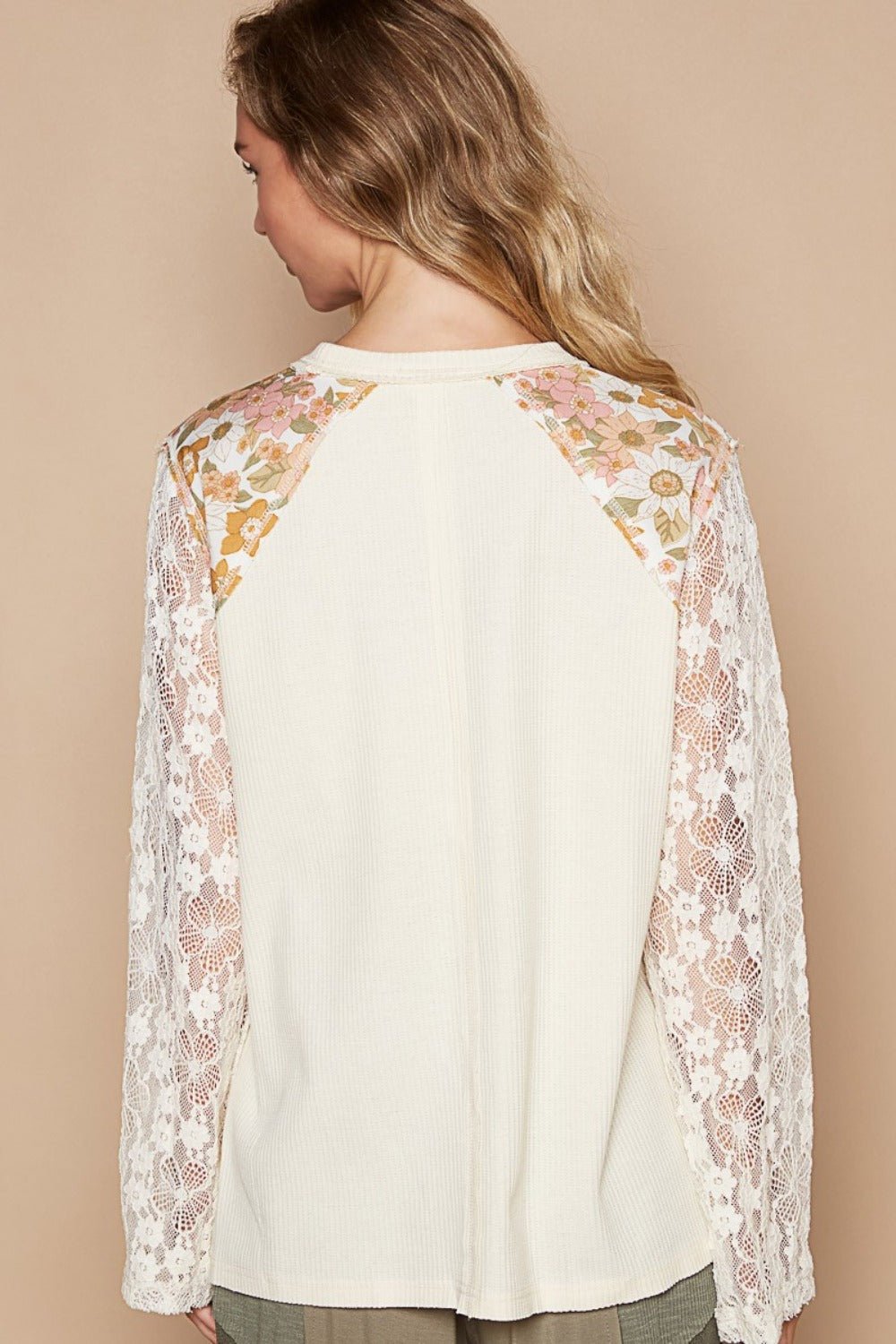 POL - Flower Patch Lace Sleeve Knit Top in Cream