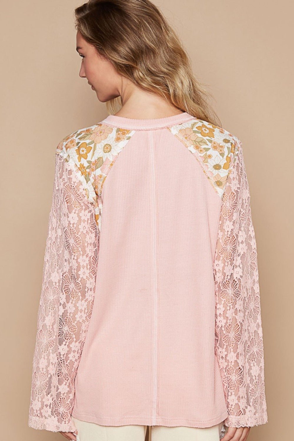 POL - Flower Patch Lace Sleeve Knit Top in Dusty Pink