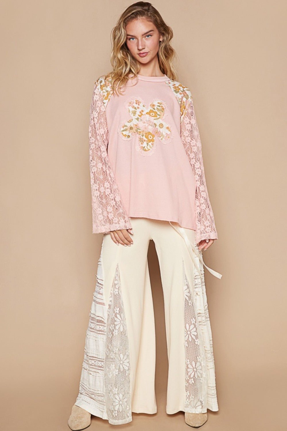 POL - Flower Patch Lace Sleeve Knit Top in Dusty Pink