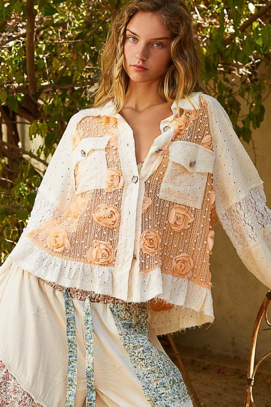 POL - Flower & Pearl Detail Lace Shirt in Apricot & Cream