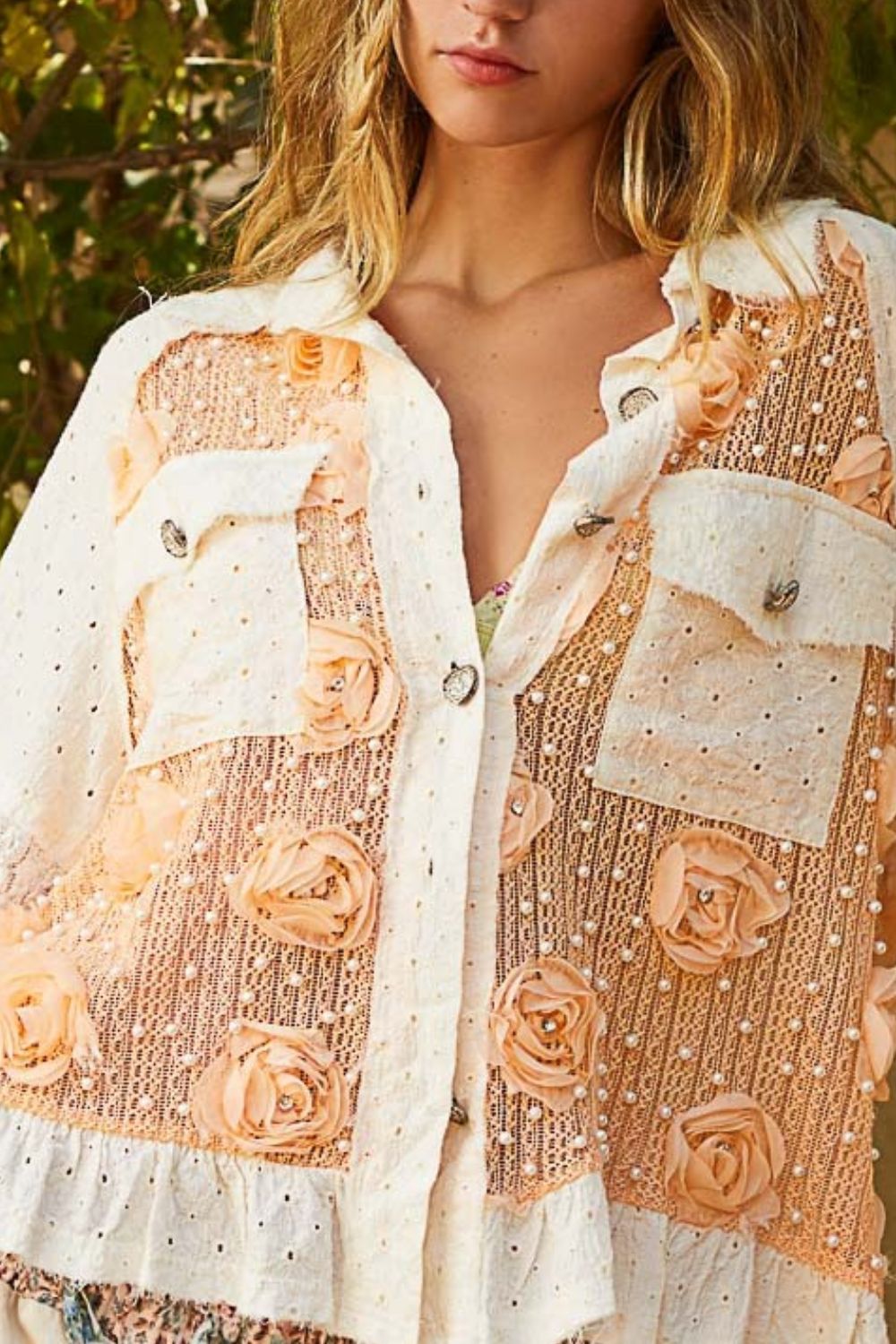 POL - Flower & Pearl Detail Lace Shirt in Apricot & Cream