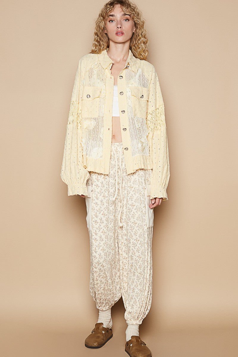 POL - Flower & Pearl Detail Lace Shirt in Banana Mousse