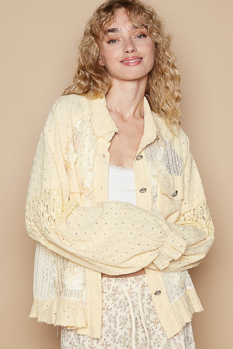 POL - Flower & Pearl Detail Lace Shirt in Banana Mousse