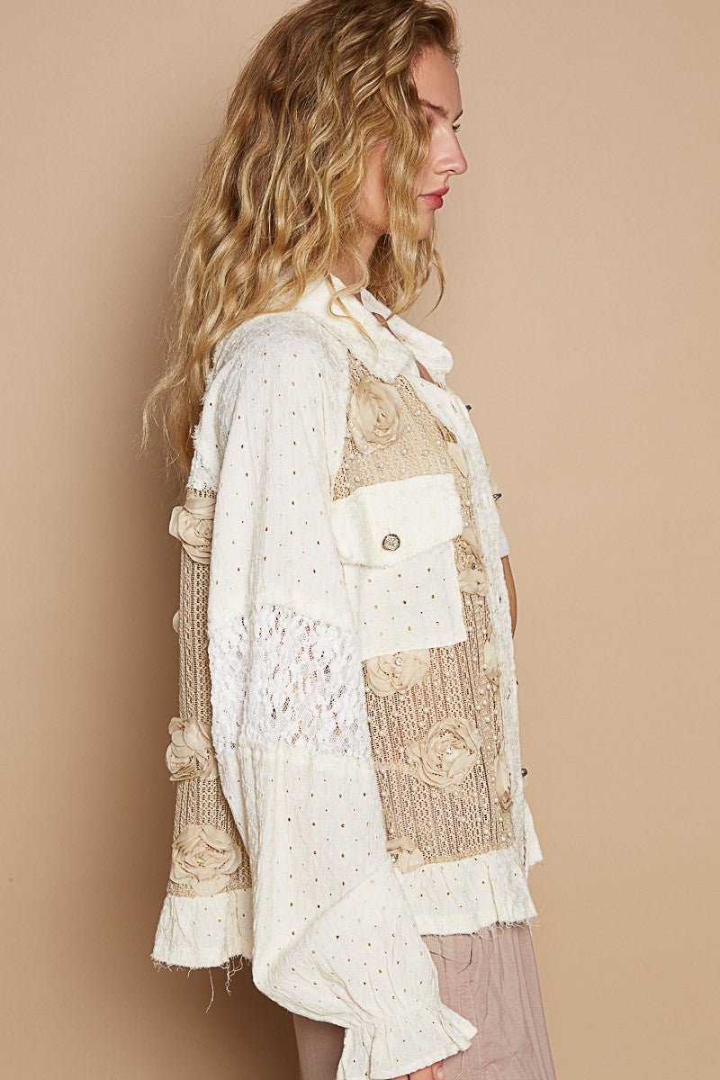 POL - Flower & Pearl Detail Lace Shirt in Mocha & Cream