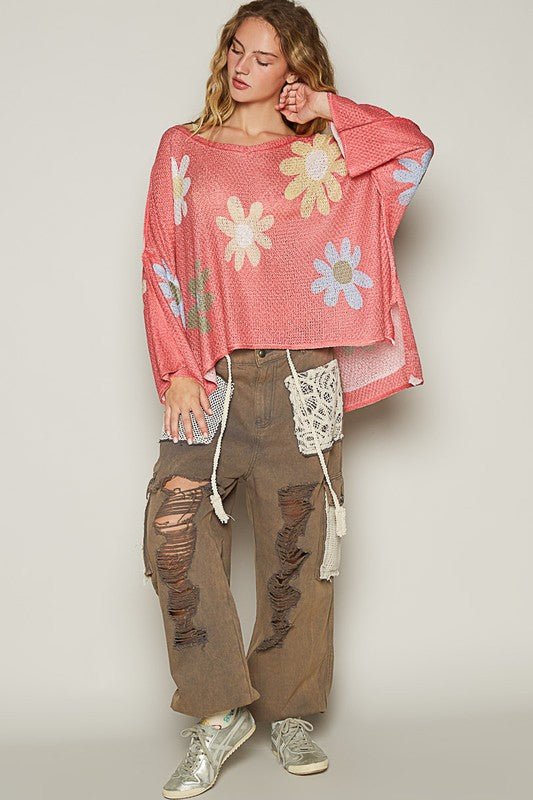 POL - Flower Print Long Sleeve Knit Top in Burnt Coral