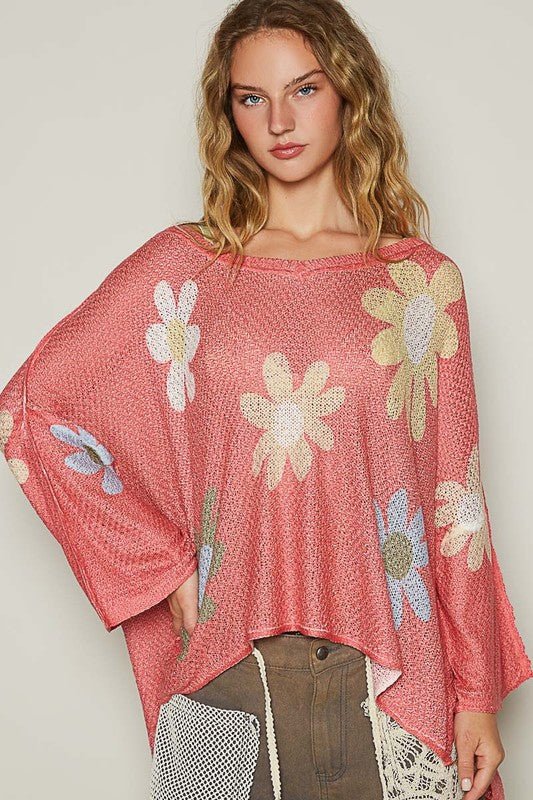 POL - Flower Print Long Sleeve Knit Top in Burnt Coral