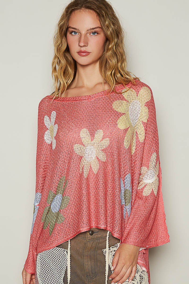 POL - Flower Print Long Sleeve Knit Top in Burnt Coral