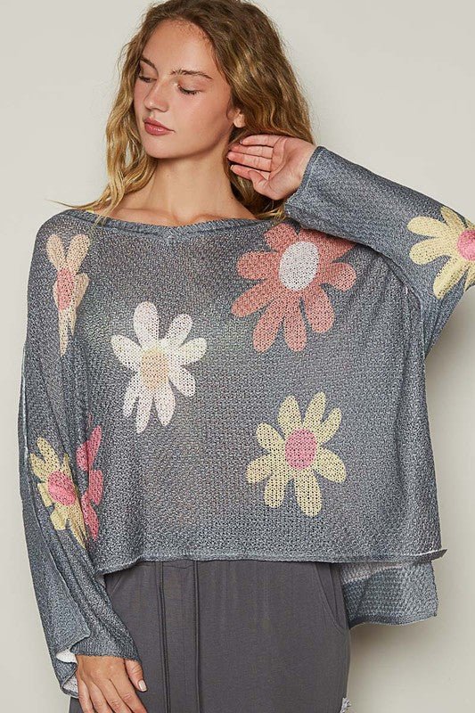 POL - Flower Print Long Sleeve Knit Top in Charcoal