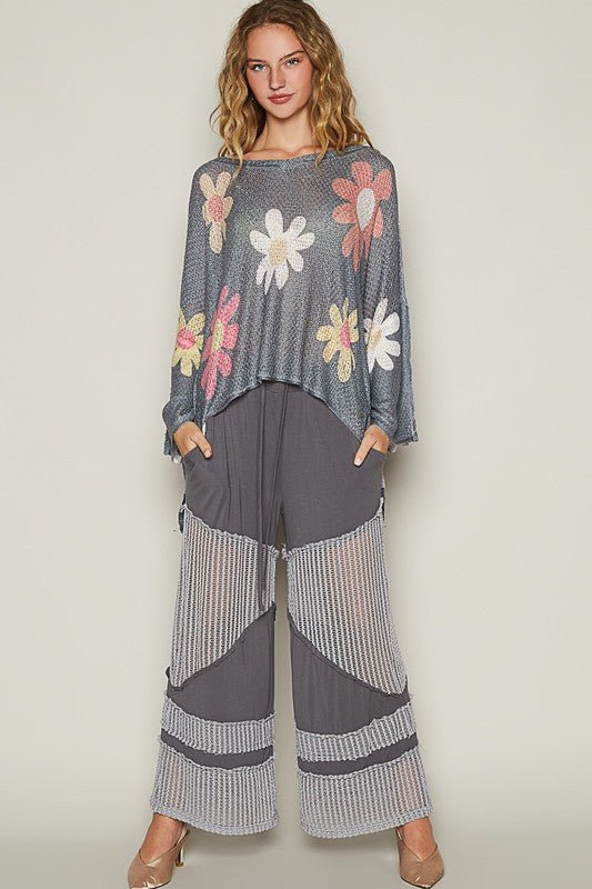 POL - Flower Print Long Sleeve Knit Top in Charcoal