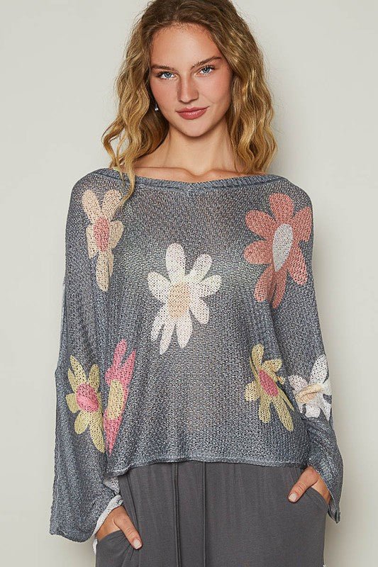 POL - Flower Print Long Sleeve Knit Top in Charcoal