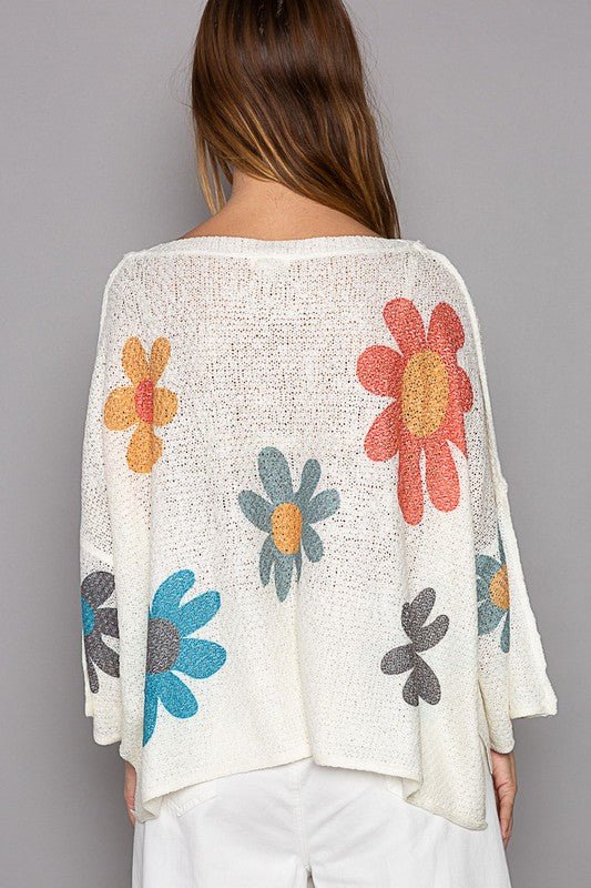 POL - Flower Print Long Sleeve Knit Top in Ivory