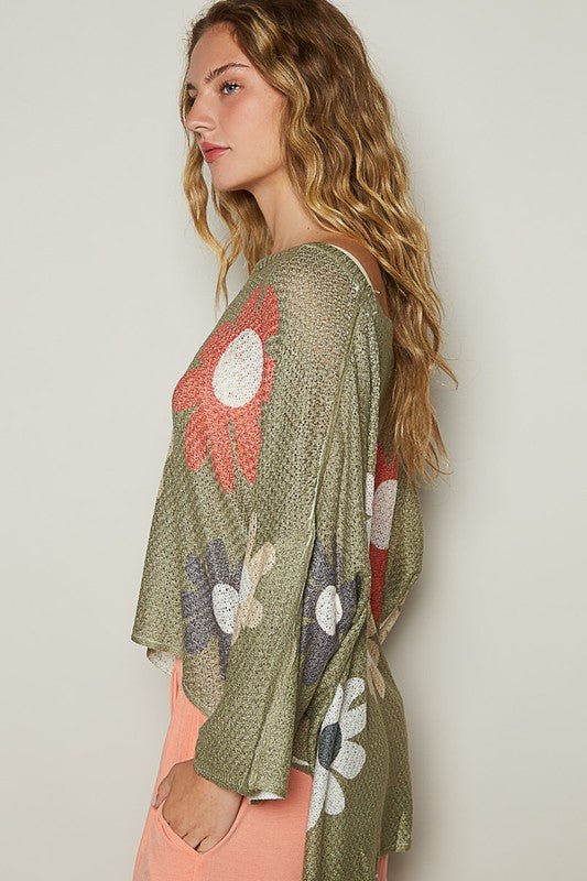 POL - Flower Print Long Sleeve Knit Top in Olive