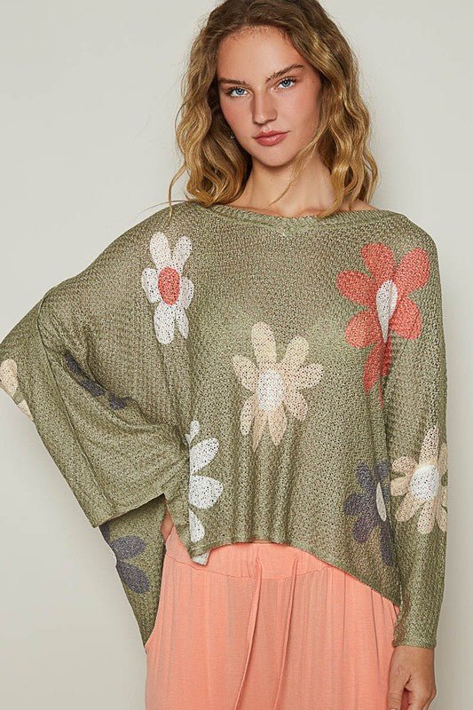 POL - Flower Print Long Sleeve Knit Top in Olive