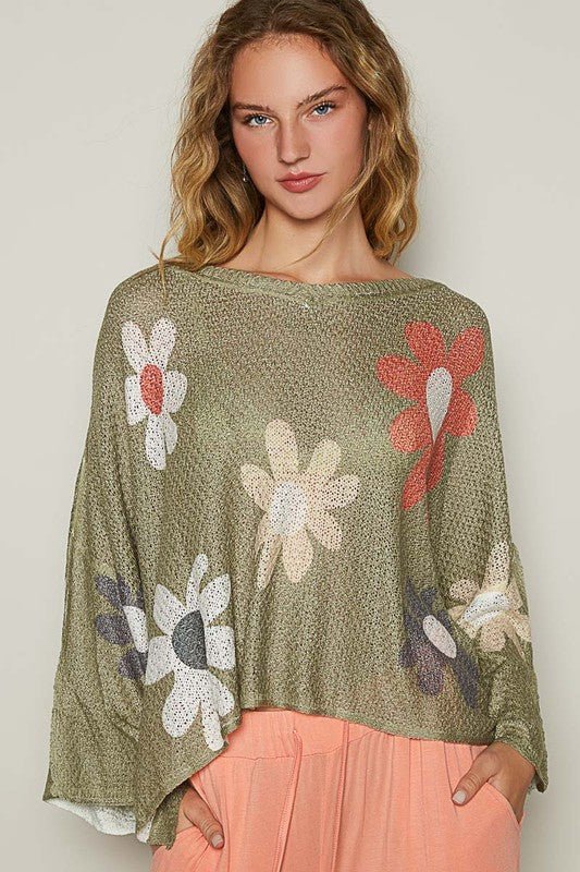 POL - Flower Print Long Sleeve Knit Top in Olive