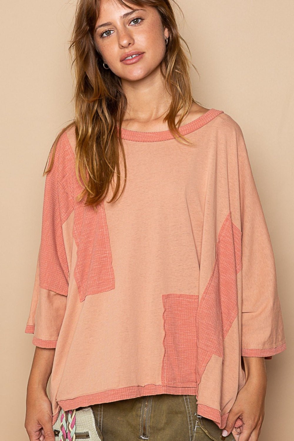 POL - Frayed Edge Patchwork Oversized T-Shirt in Brick