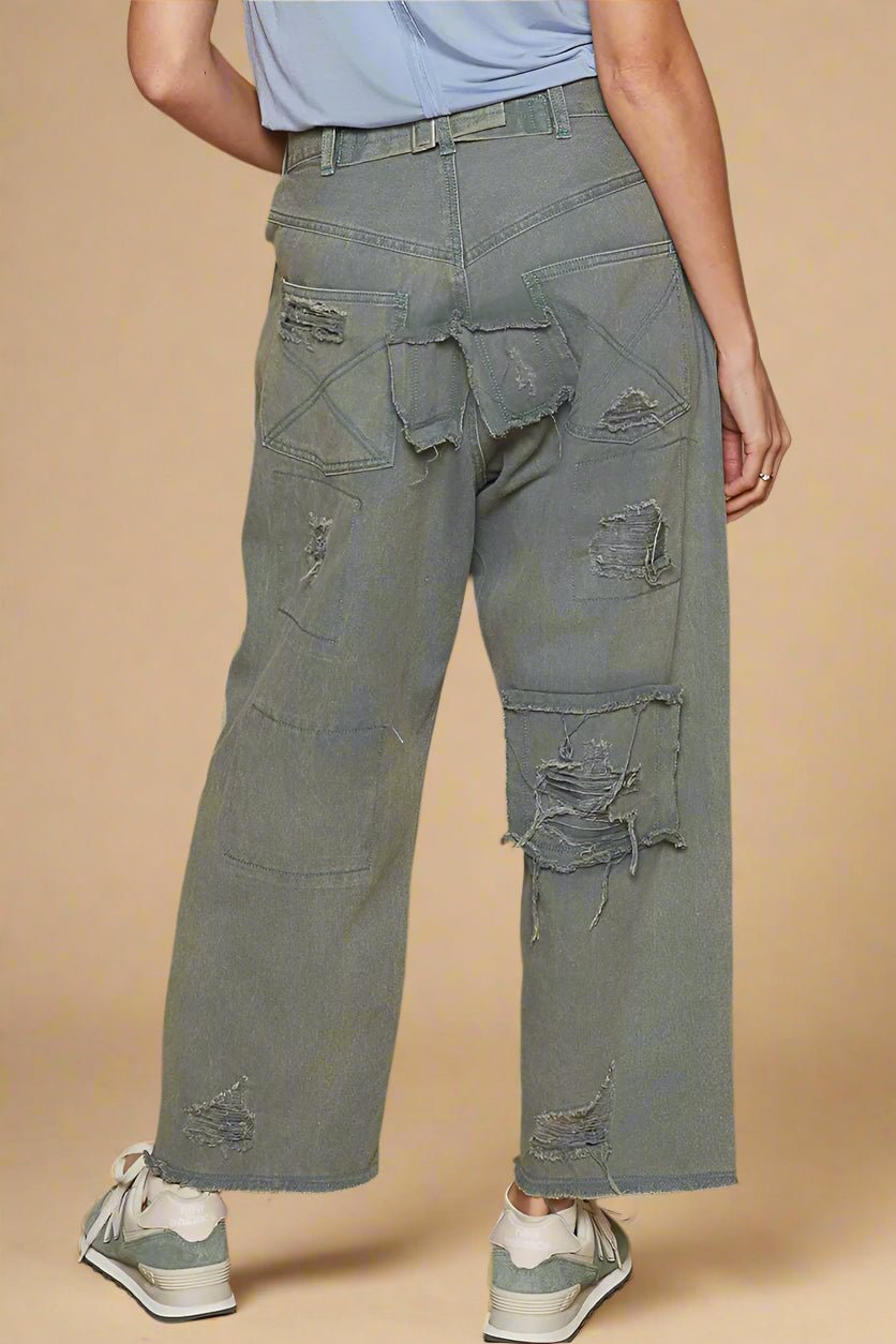POL - French Blue Distressed Patchwork Boyfriend Jeans