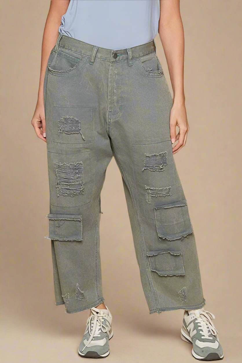 POL - French Blue Distressed Patchwork Boyfriend Jeans