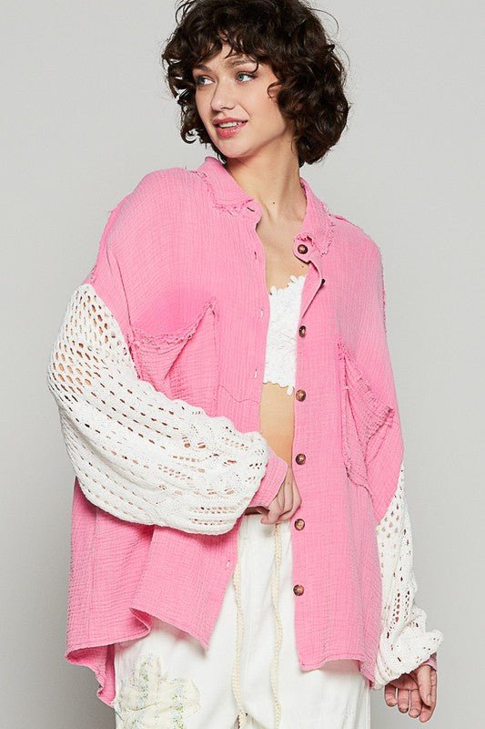 POL - Fuchsia Pink Openwork Sleeve Button Down Gauze Shirt