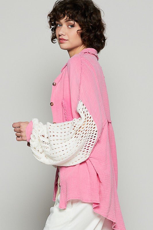 POL - Fuchsia Pink Openwork Sleeve Button Down Gauze Shirt