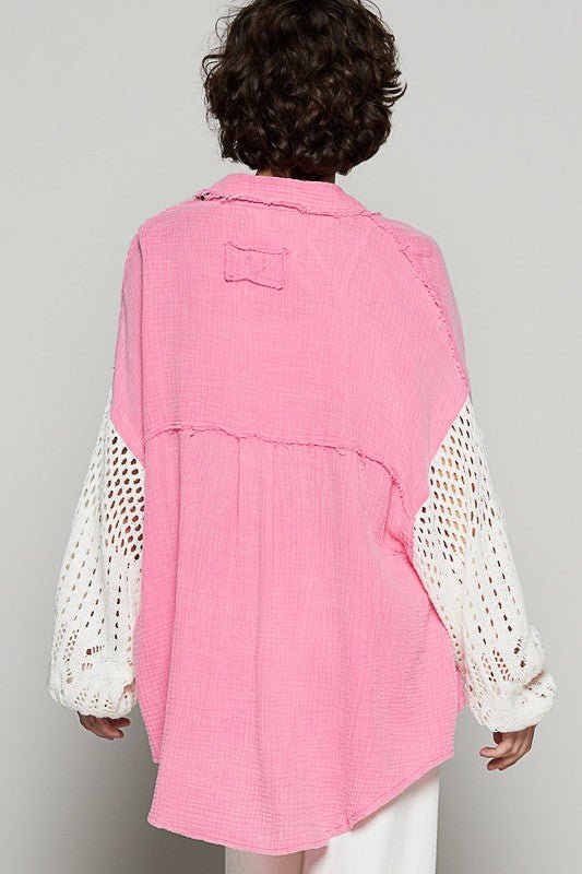 POL - Fuchsia Pink Openwork Sleeve Button Down Gauze Shirt