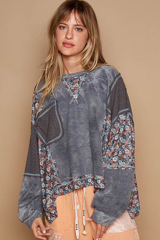 POL - Gray Floral Patchwork Knit Top