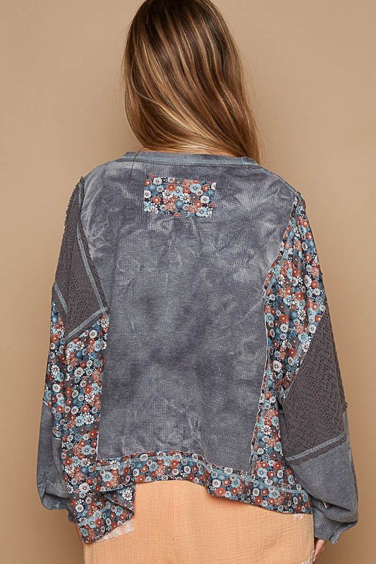 POL - Gray Floral Patchwork Knit Top